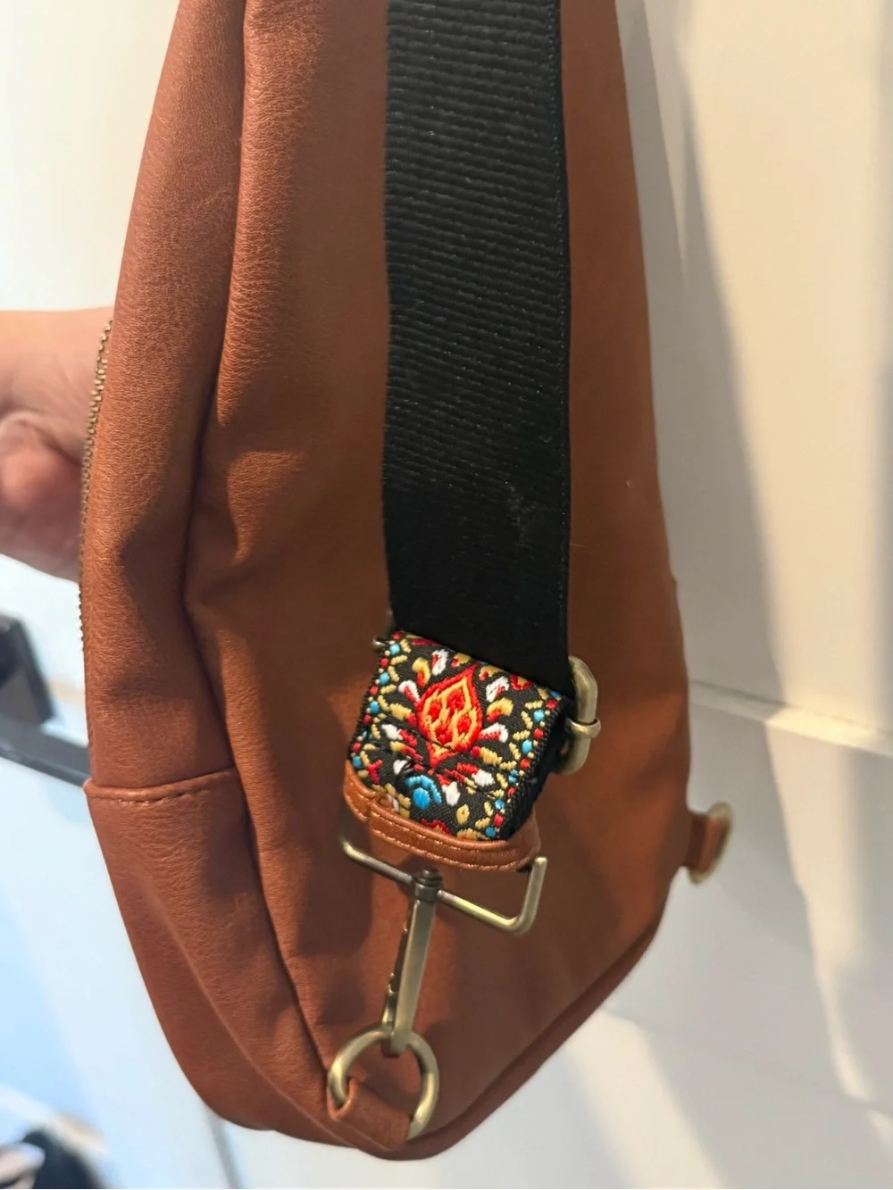 Brown Leather Sling Bag with Patterned Strap - Men